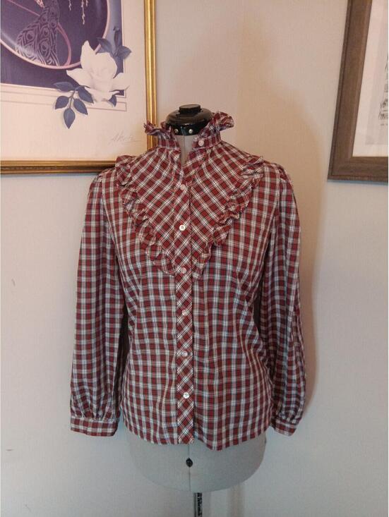 Tops - Vintage 60s 70s Ruffled Blouse, Retro Plaid Victorian Prairie Style Red & Green